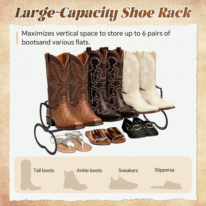 Cowboy Boot Rack 3 Pairs Horseshoe Boot Rack Cowboy Boots Storage Organizer Rustic Horseshoe Gifts Farmhouse Decor for Western Style Lovers Entryway Accessories (One Level)