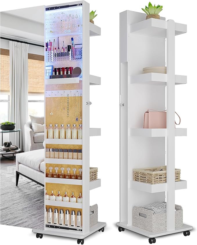 Lvifur 360° Rotating LED Jewelry Armoire,Side Pull Full Length Mirror Large Capacity Floor Standing 3 Color Dimmable Jewelry Organizer Armoire with 4 rollers,Rear Storage Shelves