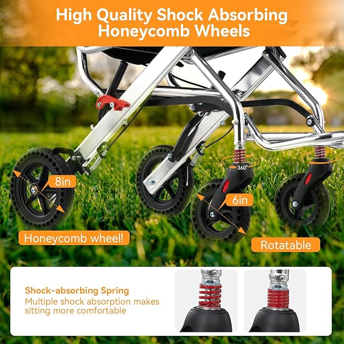 Ultra-Lightweight 19lbs Foldable Transport Wheelchair for Seniors - Portable Aluminum Travel Wheelchair with Carrying Bag, Supports 220lbs Capacity