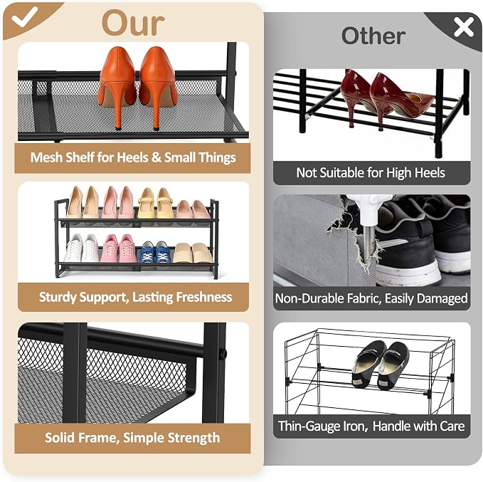 Expandable Shoe Rack, 2 Tier Adjustable Mesh Shoe Organizer for Entryway | Flat & Slant Dual Use Design, Sturdy Metal Mesh Shoe Shelf for High Heels, Stackable Shoe Storage Holder for Cloest, Garage