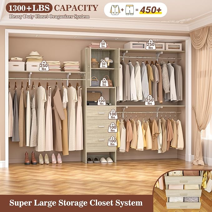 120 Inches Closet System With Doors, 10FT Walk In Closet Organizer with 3 Shelving Towers, Heavy Duty Clothes Rack with 3 Drawers, Built-In Garment Rack, Max Load 1300 LBS, White Oak
