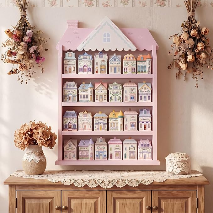 Chunful Vintage Spice Jar Wooden Rack with 4 Tier Hanging Spice Rack Wall Mounting Kitchen Storage Village Style Display Shelf for 24 Jar, Christmas Wedding Bridal Gift, Shelf Only(Pastel Pink House)