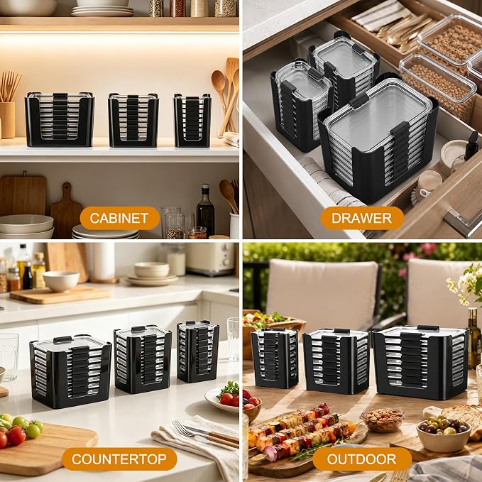 Lid Holder for Rubbermaid Brilliance Lids Organizer, 3-Pack Holds 24 Lids for Kitchen Cabinet, Drawer, Countertop Storage, Ventilated & Easy Find Lids (Black)