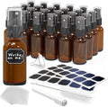 Nevlers 1 Oz Amber Glass Spray Bottles for Cleaning & Refreshment 24 Pack | Small Travel Spray Bottle w/ Shrink Wrap, Funnel, Brush, Marker & Labels | Fine Mist Sprayer | Mini Perfume Refillable Bottle