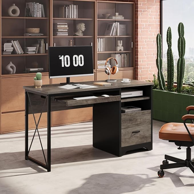 Bestier 47" Office Desk with Drawers, Industrial Computer Desk with Drawer, Reversible Teacher Desk with Storage & Keyboard Tray for Small Space Home Office & Studio, Gray Wash | 47 Inch Desktop With File Drawer, Open Storage, Keyboard Tray And Reversi...