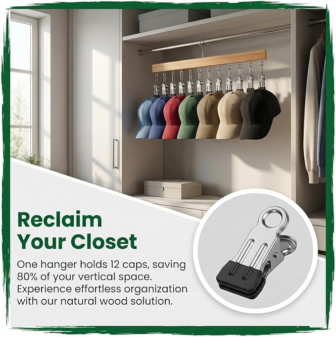 Closet Organizer with 12 Clips, 2 Pack Closet Space Savers for Hanging Clothes, Wooden Pants and Leggings Hangers with 360° Rotating Hook, Space-Saving Hat Scarf Clothespins, Natural Wood Color