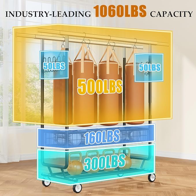 Gewudraw Clothes Rack Heavy Duty Load 1060 LBS With Wheels,Commercial,Black | Double Rod Rolling Clothing Rack,Extendable,Basket, Shelf, Hooks,Garment Rack for Bedroom, Laundry Room & Retail Store