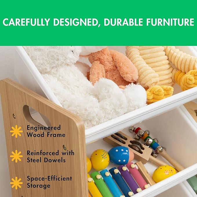 Humble Crew Toy Storage Organizer with 16 Removable Storage Bins for Kids Playroom, 4-Tier Toddler Toy Organization and Storage, Natural Wood/White