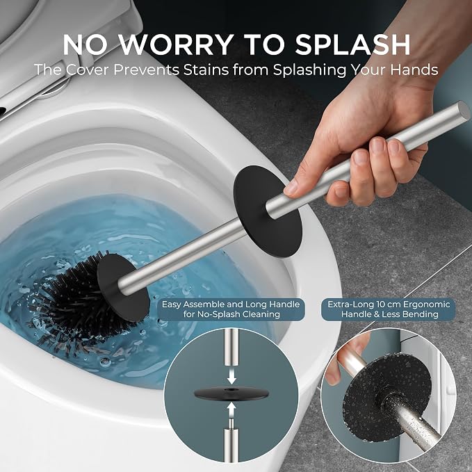 FORIOUS Toilet Brush, 2 Toilet Bowl Brush Head Square Tall Brushed Nickel | Heavy Duty 304 Stainless Steel Base, Silicone and Plastic Brush Heads, Long Handle for Deep Cleaning, Drip-Proof