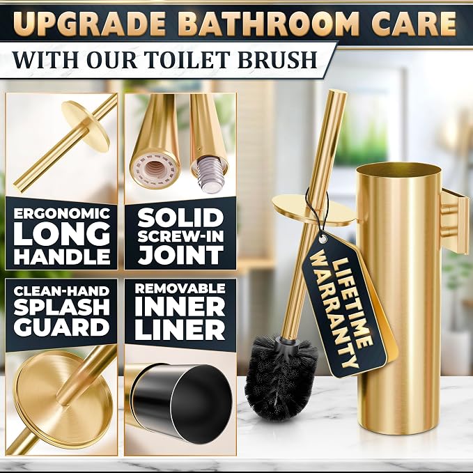 Wall Mounted Toilet Brush and Holder Set, Stainless Steel (Gold) | Wall Mount Toilet Brush Cleaner and Holder Set, Rust & Corrosion Resistant, Splash Guard, Dense Bristles, for Bathroom Decor