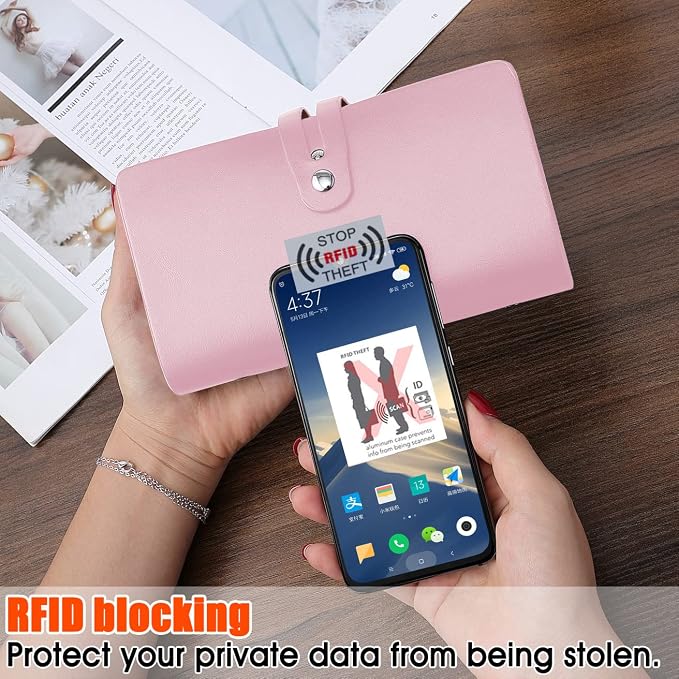 RFID Credit Card Holder, Leather Business Card Organizer with 96 Card Slots, Credit Card Case for Managing Your Different Cards and Important Documents to Prevent Loss or Damage (Pink)