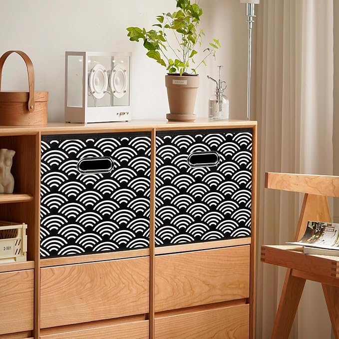 Fabric storage bins Cubes, Fabric Cube Organizer with Handle, Foldable Cube Bins for Cloth or Accessary Storage, 11x11x11, Set of 3, (Black clouds)