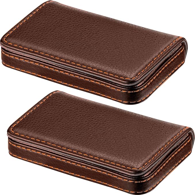Outus 2 Pcs Business Card Holder, PU Leather Business Card Case Pocket Wallet with Magnetic Shut for Christmas Gift Adult(Coffee and Coffee)