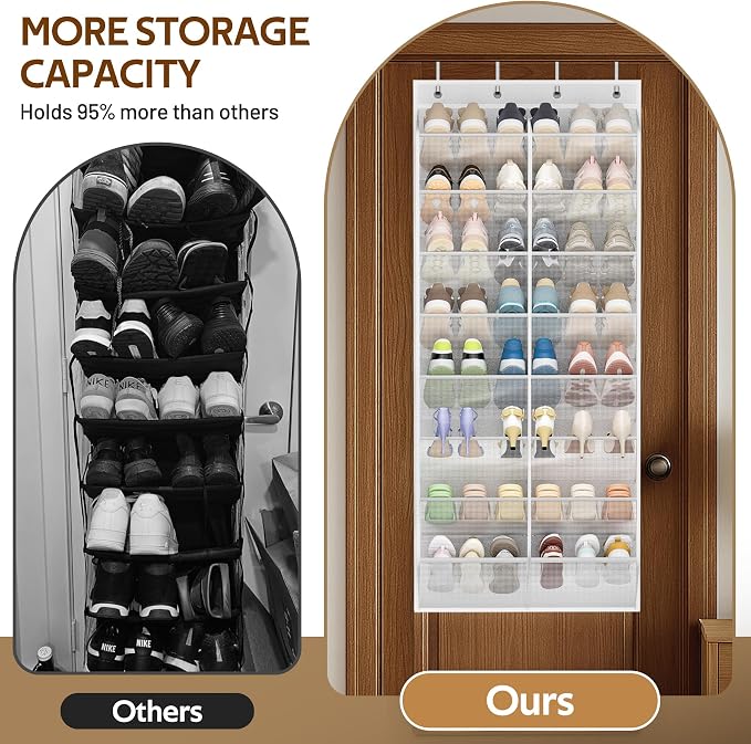 MISSLO 24 Pairs Over the Door Shoe Organizer Breathable Mesh Hanging Shoe Rack for Closet Storage with Wide Deep Pockets 8 Tier Shoes Holder Fit All the Family's Sneakers, Boots, Heels (White, 57.5")