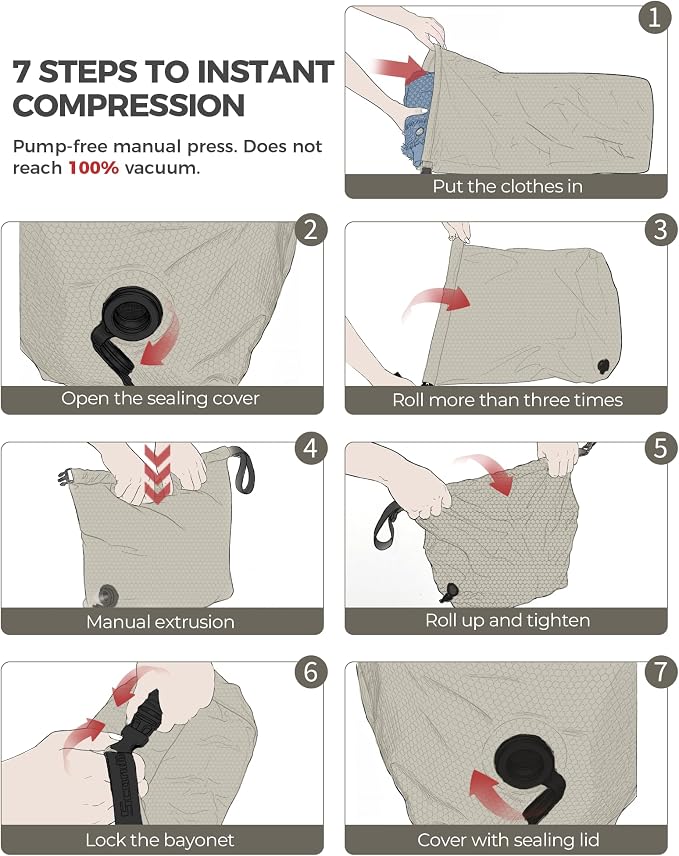Compression Travel Laundry Bag for Dirty Clothes, Pump-Free Laundry Bag for Suitcase & Dorm, Waterproof Wet Dry Clothes Organizer, Large Capacity Space Saving Travel Bag (1 Pcs)(Gray, L)