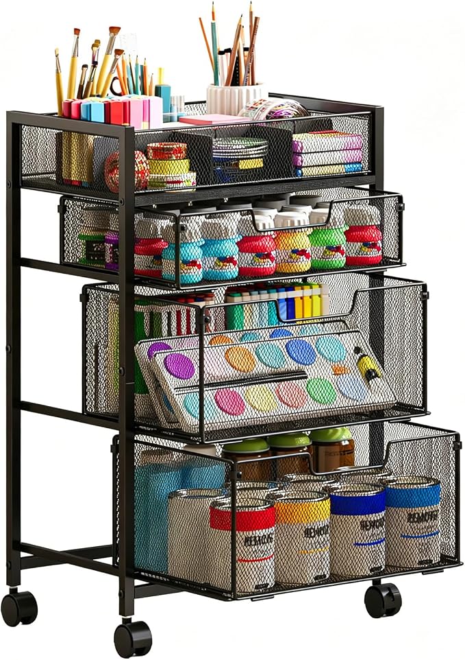 4-Tier Rolling Utility Cart with 3 Drawers, Craft Organizer and Storage with DIY Divider, Art-Craft Supplies with Caster Wheels, Multi-Functional Storage for Classroom, Office, Paints, Artifacts