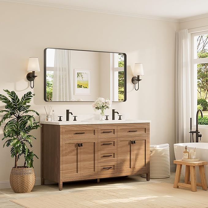 TETOTE 55 x 30 Inch Bathroom Mirror, Matte Black Modern Metal Frame Rectangle Modern Farmhouse Wall Mounted Vanity Mirror (Horizontal/Vertical)