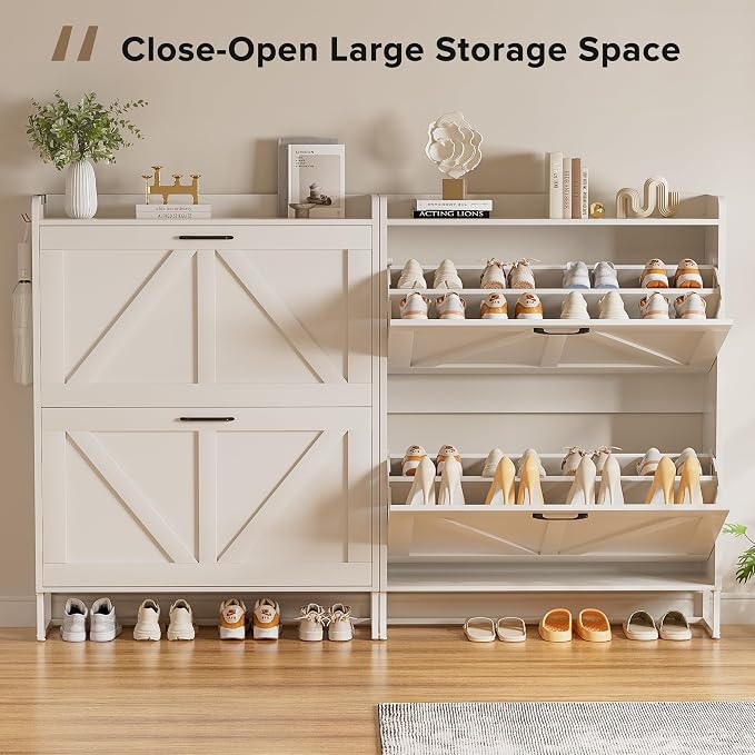 EOYUTLLY Shoe Cabinet for Entryway with 2 Flip Drawers,Narrow Wooden Shoe Storage Cabinet with Metal Legs,Hold 24 Pairs, 4-Tier Adjustable Shelves–Freestanding Hidden Shoe Organizer for Hallway, Foyer