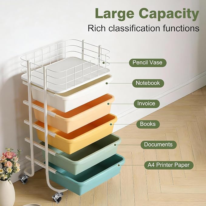 Rolling Storage Utility Cart Organizers with 5 Drawers and Metal Tabletop | 6-Tier Storage Craft Carts with Colorful Drawers and Wheels for Office, Bathroom, Bedroom, and Classroom Organization