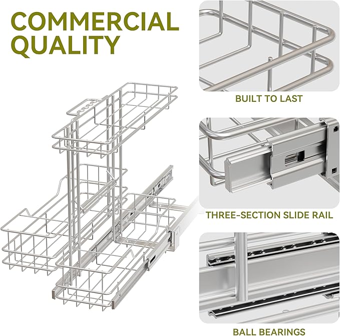 2 Tier Under Sink Organizer 11" W X18 D, Pull Out Cabinet Organizer One Removable Basket, Under Sink Slide Out Chrome Plated, Under Kitchen Bathroom Sink Organizer, 1 Pack