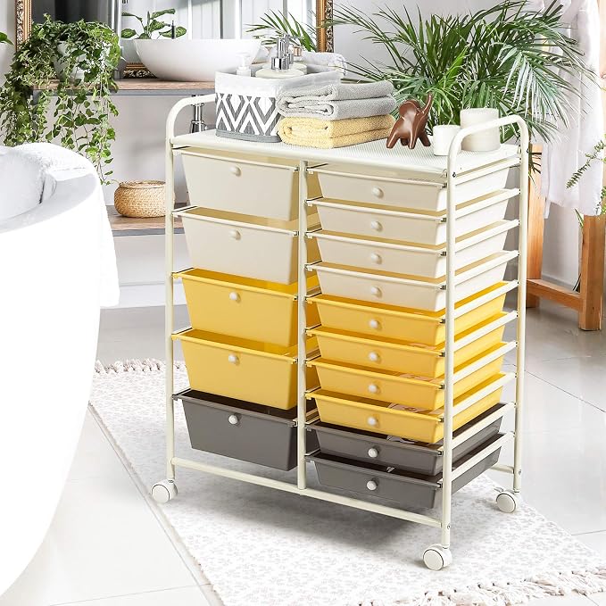 DREAMADE Rolling Cart with 15 Drawers, Lockable Wheels, Removable & 2-Sized Storage, Art Cart for School, Home, Crafts, Scrapbook (Yellow)