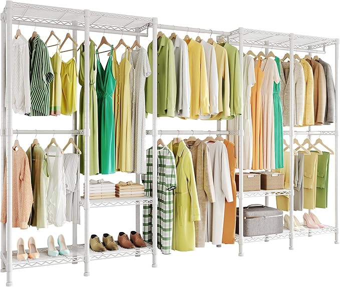 Higeego H5 Pro Heavy Duty Clothes Rack Wardrobe Closet for Hanging Clothes, Freestanding Garment Rack with Expandable Hanger Rods, Closet Organizer and Storage, (97.7-115.4")L x 15.7"W x 75.4"H, White