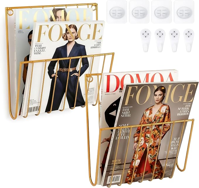 2-Pack Wall Magazine Rack, Magazine Holder Wall Mounted for Space-Saving, Walls Magazine Holder for Mail, Bathroom & Home Office Organizer, Office Living Room(Gold)