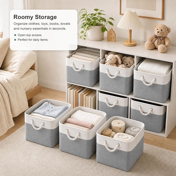 11x11 Inch Cube Storage Bins, 8 Pack Collapsible Fabric Storage Cubes with Rope Handles, Waterproof Foldable Storage Baskets for Cube Shelves, Closet, Clothes, Toys, Books, White & Gray
