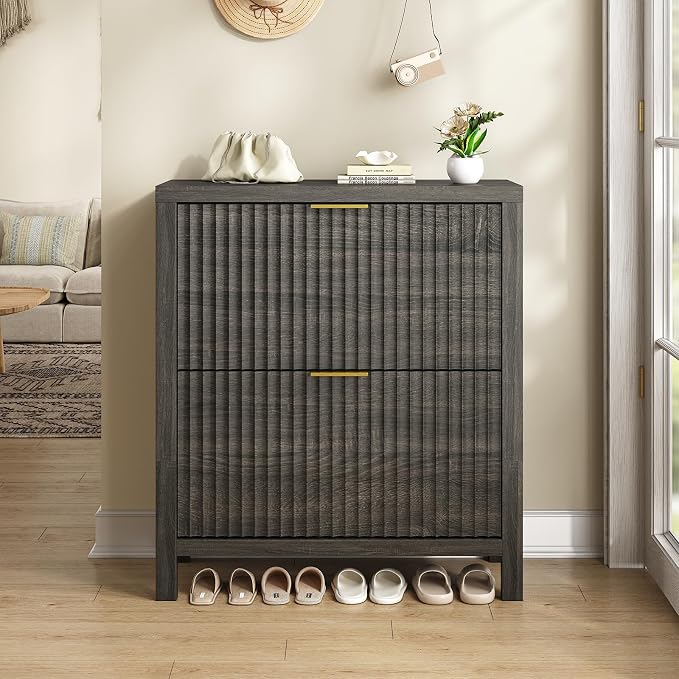 YOMILUVE Shoe Cabinet Storage for Entryway, Fluted Shoe Cabinet with 2 Flip Drawers, Hidden Shoe Rack Tall Freestanding Shoe Organizer with Legs for Hallway, Dark Gray