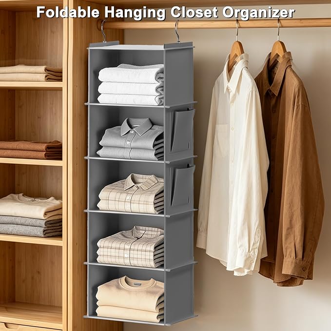 Foldable Hanging Closet Organizer, 5-Shelf Hanging Shelves with Side Pockets, Space Saving Storage for Clothes and Accessories
