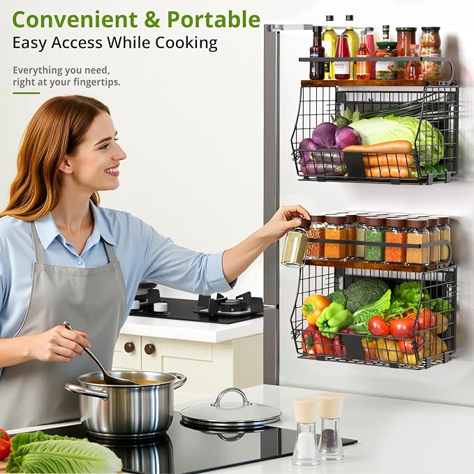 Magnetic Shelf for Fridge with Wood Top & Produce Basket – 2-in-1 Magnetic Spice Rack for Refrigerator – Space-Saving Kitchen Organizer for Fruits, Potatoes, and Onions (with Hooks)