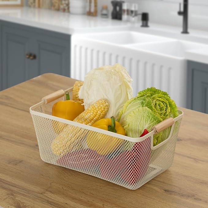 Basicwise Set of 3 Medium Multipurpose Metal Mesh Basket with Wooden Handle Storage Organizers for Kitchen Bathroom Cabinet Closet Countertop Fruit Holder Picnic Food & Beverages Carrier & Home Decor