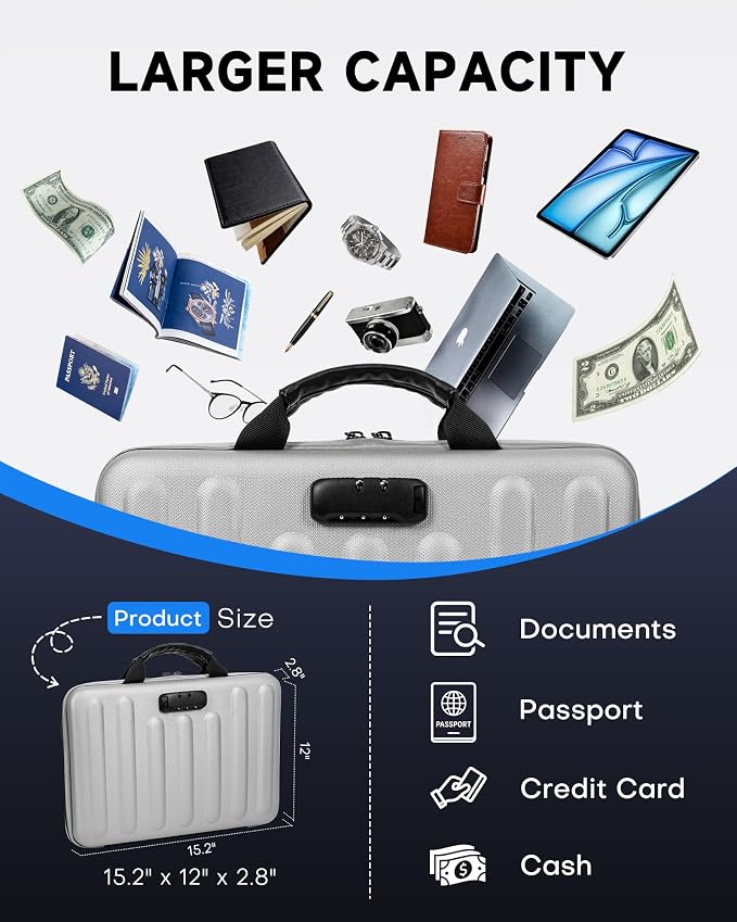 DOZAWA Fireproof Document Box, Waterproof Hard File Organizer with Lock | UL-94 VTM-0 certified 8-layer document box withstands up to 5200°F, featuring waterproof zippers, silver