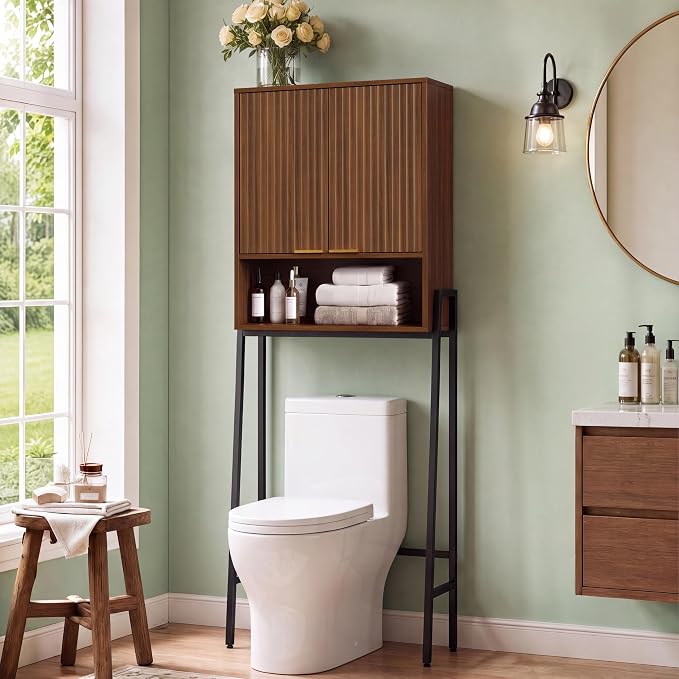 25" W Over The Toilet Storage Cabinet with Fluted Door,Bathroom Organizers and Storage with Adjustable Shelves, Modern Over Toilet Organizer for Bathroom,Restroom,Laundry,Walnut