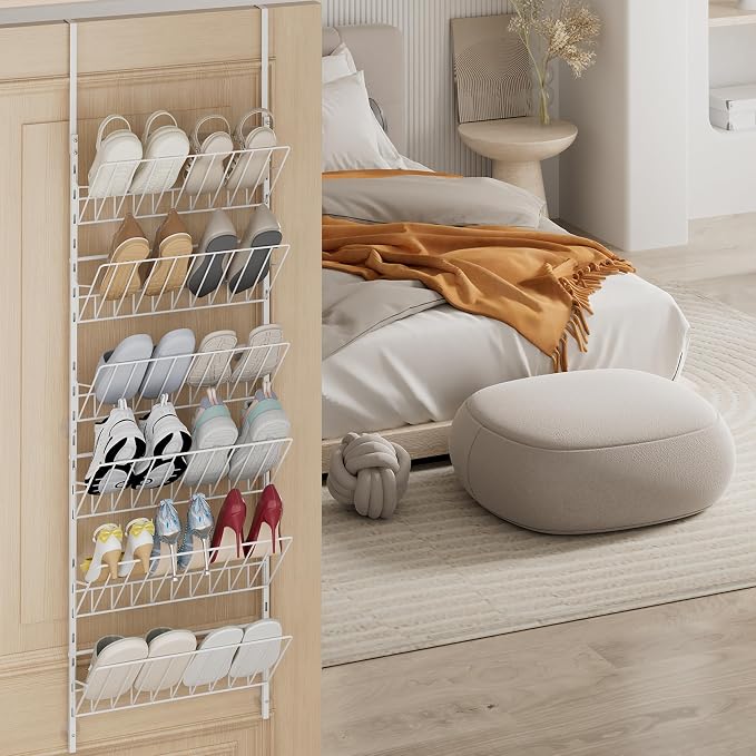 SWTYMIKI Over the Door Shoe Organizer - Adjustable 6 Tier Hanging Shoe Rack Organizer, Metal Heavy Duty Behind Door Storage or Wall Mount Shoes Shelf for Flats, Heels, Sneakers, Boots