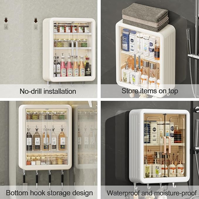 DASITON Wall Mounted Large Capacity Makeup Organizer,Dustproof Cosmetic Organizer,Bathroom Organizers and Storage,Skincare Organizers for Vanity,Bedroom(Cream 01)