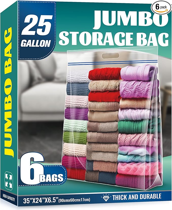25 Gallon Jumbo Storage Bags, 35" x 24" Clear Plastic Zipper Bags with Handles, Extra Heavy Duty Large XL for Travel, Moving, Clothing, 6 Packs