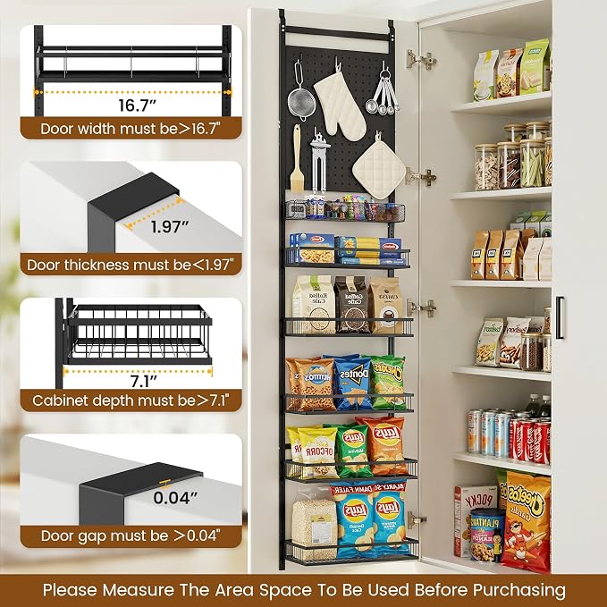 mustry Over The Door Organizer, Door Organizer Hanging with 2 PegBoards and 6 Adjustable Baskets, Back of Door Storage for Pantry, Bathroom, Laundry Room, Metal