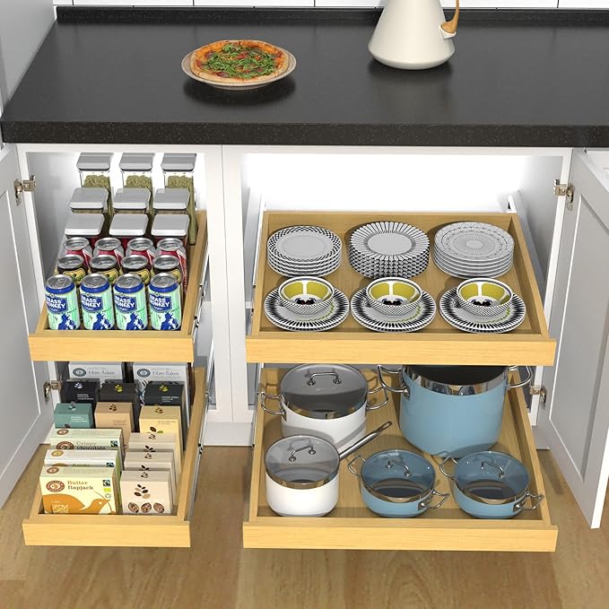 Wooden Pull out Cabinet Organizer 20" W x 21" D x 3.35" H, Heavy Duty Slide Out Drawers Pull-Out Home Organizers for Kitchen Cabinets