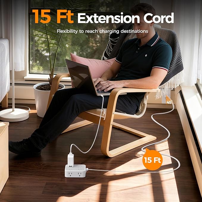 TESSAN Surge Protector Power Strip, 15 Ft Flat Plug Extension Cord with 3 USB (1 USB C 20W PD) 8 Outlets, 900J Protection, 3 Sided Outlet Extender with Power Switch for Office, Dorm Room, Grey