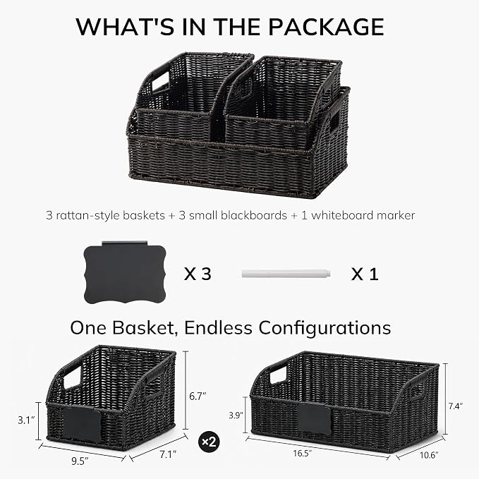 Brownlily Wicker Pantry Storage Baskets with Chalkboard,Handwoven Baskets for Organizing with Built-in Handles, All-Purpose Storage Baskets for Shelves, Laundry Room, Black - Single Set (3-Piece)