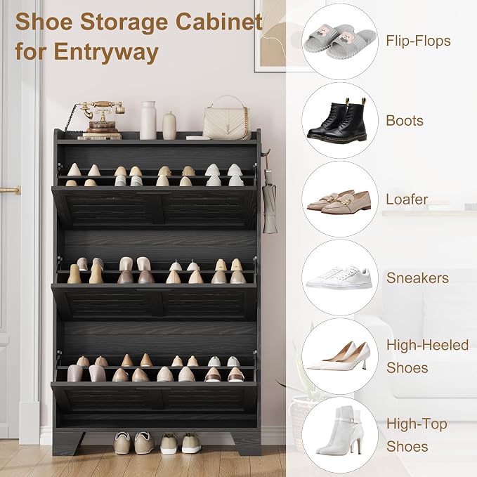 Garvee Shoe Storage Cabinet with 3 Flip Drawers, Freestanding Shoe Organizer Storage for Entryway with 2 Side Hooks, Farmhouse Hidden Slim Narrow Shoe Rack Cabinet, Black