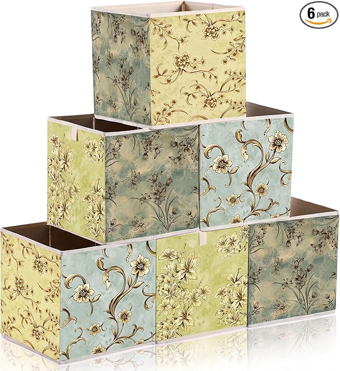 Novabright 6 Pack Vintage Floral Storage Bins 11 Inch Cube Storage Baskets with Handle Collapsible Fabric Boxes Cube Organizer Cubby Shelf Bedroom Closet Classroom Home Decoration for Girls