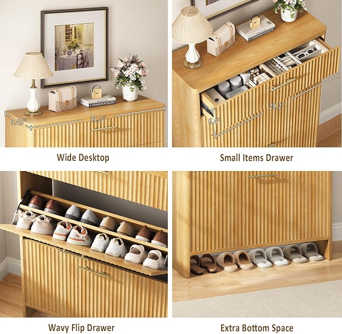 Fluted Shoe Storage Cabinet for Entryway, Narrow Wooden Shoe Cabinet with 2 Flip Drawers & Pull-Out Drawer, Modern Freestanding Slim Shoe Organizer Rack for Foyer/Hallway/Living Room, Oak