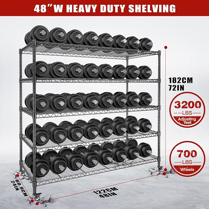 AIRAJ 48” W Storage Shelves Heavy Duty | 3200 LBS Metal Shelving | 5 Tier Wire Shelving | Garage Shelving Units and Storage | Rolling Wire Rack with Wheels | Adjustable Layer Height | 48”W×24”D×72” H