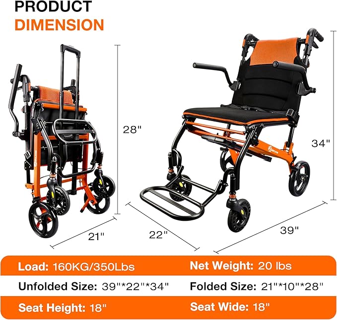 Wheelchairs for Adults Transport Chair Lightweight Foldable with Telescopic Handle, 18-Inch Seat Width Portable Folding Travel Wheel Chairs for Seniors