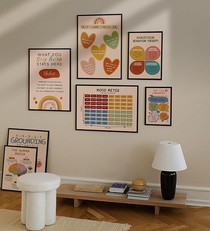 LOLUIS Mental Health Poster, Boho Therapy Tools Educational Supplies Art Print Classroom School Office Decor (Self Care, Custom Frame Type)