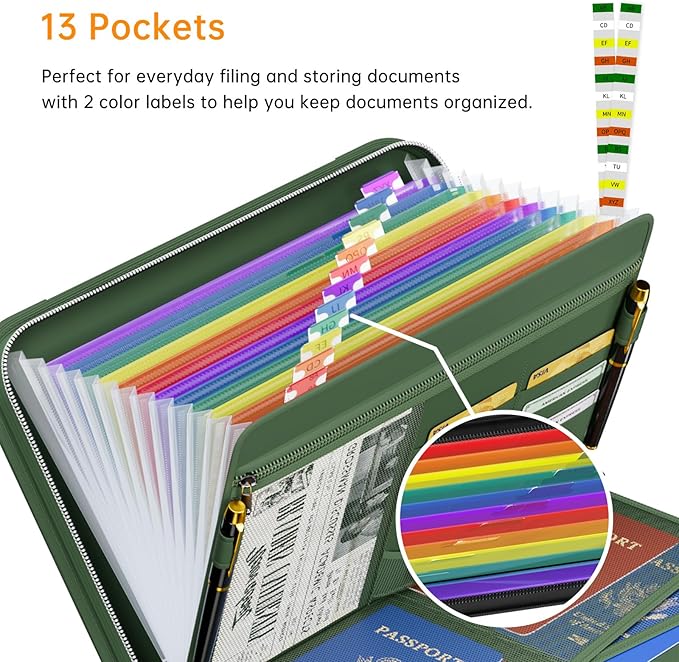 Tamfile Fireproof Accordion File Organizer with Handle, 13 Pocket Colorful Expanding File Folder with Zipper & Labels, File Folder with Multi-Pockets Paper Organizer Folder for Letter A4 Files (Green)