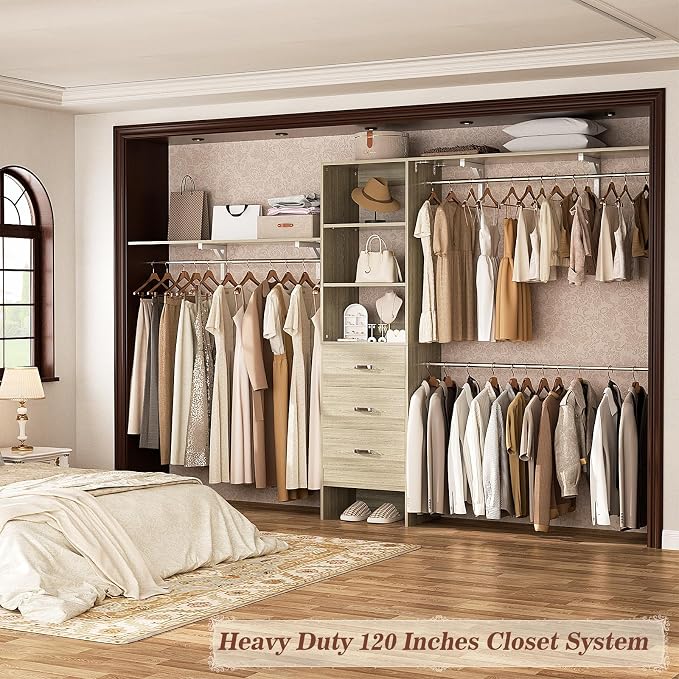 Armocity 120 Inches Closet System, 10FT Walk In Closet Organizer with 2 Shelving Towers, Heavy Duty Clothes Rack with 3 Drawers, Built-In Garment Rack, 120" L x 16" W x 75" H, Load 1300 LBS, White Oak