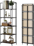 Crofy 5-Tier Foldable Bookshelf, Black Frame & Walnut Shelves | No-Assembly Collapsible Portable Storage Organizer; Sturdy Walnut Finish Shelves; Ideal for Living Room & Home Office